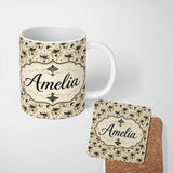 Personalized Custom Name Classic Black and Gold Floral Masquerade Mask Pattern on Cream 11oz Ceramic Coffee Tea Mug White Large Handle