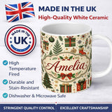 Personalized Custom Name Festive Christmas Trees Baubles Gifts Seamless Pattern Holiday 11oz Ceramic Coffee Tea Mug White Large Handle
