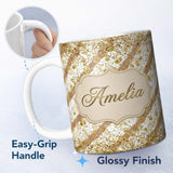 Personalized Custom Name Gold Glitter Damask Stripe Elegant Seamless Pattern Design Luxury 11oz Ceramic Coffee Tea Mug White Large Handle