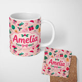 Personalized Custom Name Cute Gingerbread Candy Cane Christmas Tree Seamless Pattern Lovely 11oz Ceramic Coffee Tea Mug White Large Handle