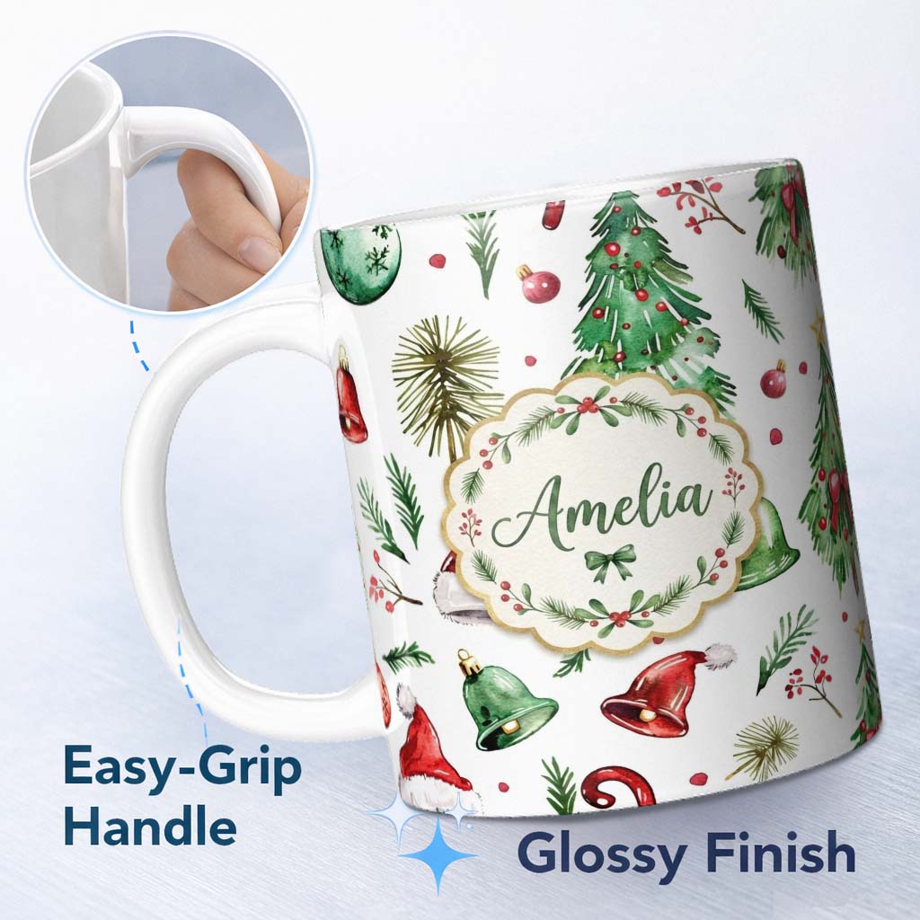 Personalized Custom Name Watercolor Christmas Tree Bell Santa Hat Holiday Seamless Pattern 11oz Ceramic Coffee Tea Mug White Large Handle