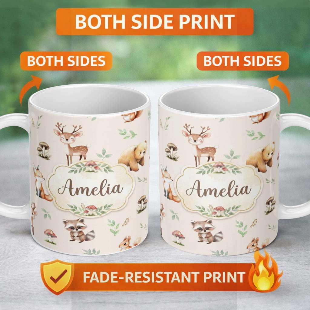 Personalized Custom Name Woodland Deer Bear Fox Owl Raccoon Leaves Mushrooms Neutral 11oz Ceramic Coffee Tea Mug White Large Handle