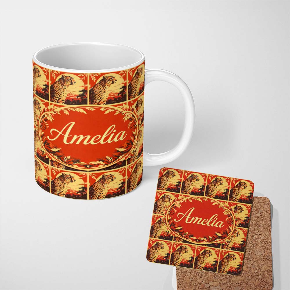 Personalized Custom Name Vintage Leopard Sunset Tropical Seamless Pattern Cute Unique Gift 11oz Ceramic Coffee Tea Mug White Large Handle