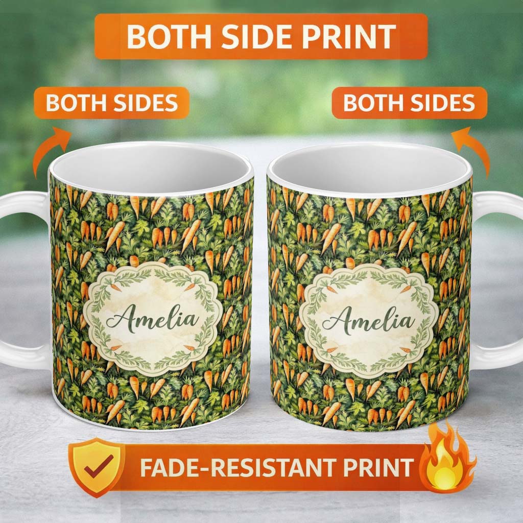 Personalized Custom Name Realistic Carrot Garden Botanical Seamless Pattern Cute Unique Gift 11oz Ceramic Coffee Tea Mug White Large Handle