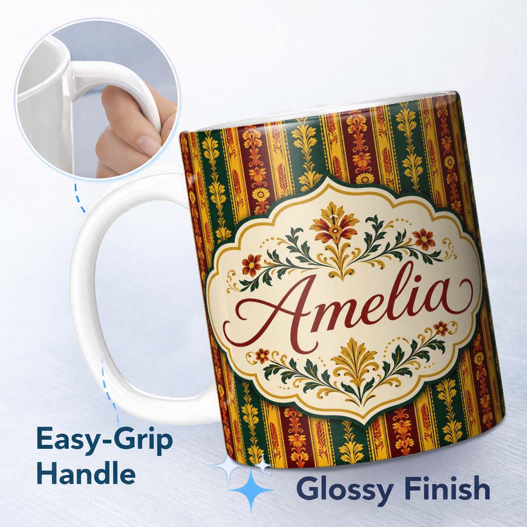 Personalized Custom Name Ornate Vintage Stripe Floral Pattern in Red Gold and Green Seamless 11oz Ceramic Coffee Tea Mug White Large Handle