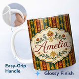 Personalized Custom Name Ornate Vintage Stripe Floral Pattern in Red Gold and Green Seamless 11oz Ceramic Coffee Tea Mug White Large Handle
