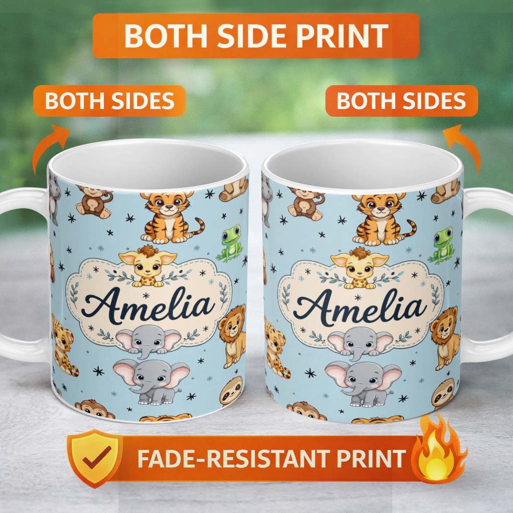 Personalized Custom Name Cute Cartoon Safari Animals with Stars on Soft Blue Background 11oz Ceramic Coffee Tea Mug White Large Handle
