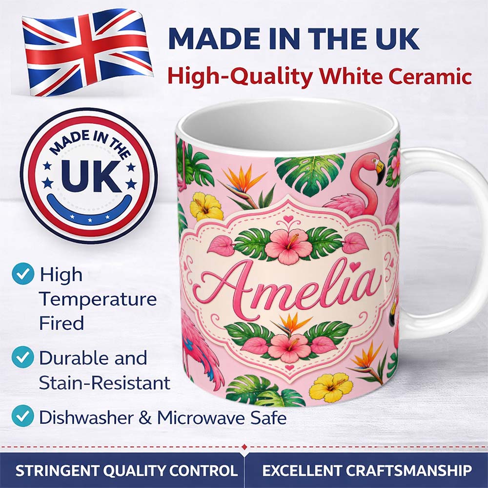 Personalized Custom Name Tropical Flamingo with Hibiscus Flowers and Leaves Soft Pink Lovely 11oz Ceramic Coffee Tea Mug White Large Handle