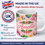 Personalized Custom Name Tropical Flamingo with Hibiscus Flowers and Leaves Soft Pink Lovely 11oz Ceramic Coffee Tea Mug White Large Handle