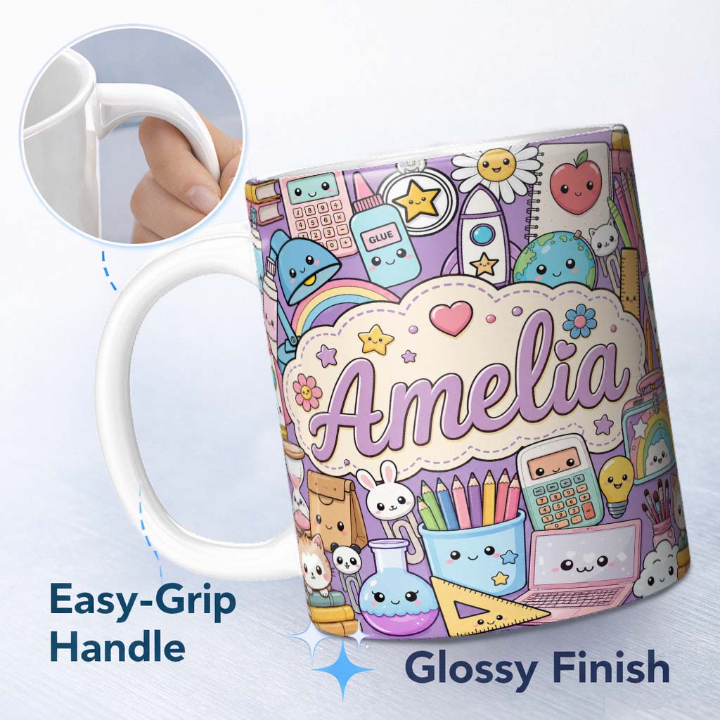 Custom Name Cute Kawaii School Supplies Science Art Cute Pattern Purple Lovely 11oz Ceramic Coffee Tea Mug White Large Handle
