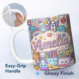 Custom Name Cute Kawaii School Supplies Science Art Cute Pattern Purple Lovely 11oz Ceramic Coffee Tea Mug White Large Handle