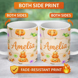 Personalized Custom Name Cute Watercolor Pumpkins and Candy Sweets on Soft Lilac Background 11oz Ceramic Coffee Tea Mug White Large Handle