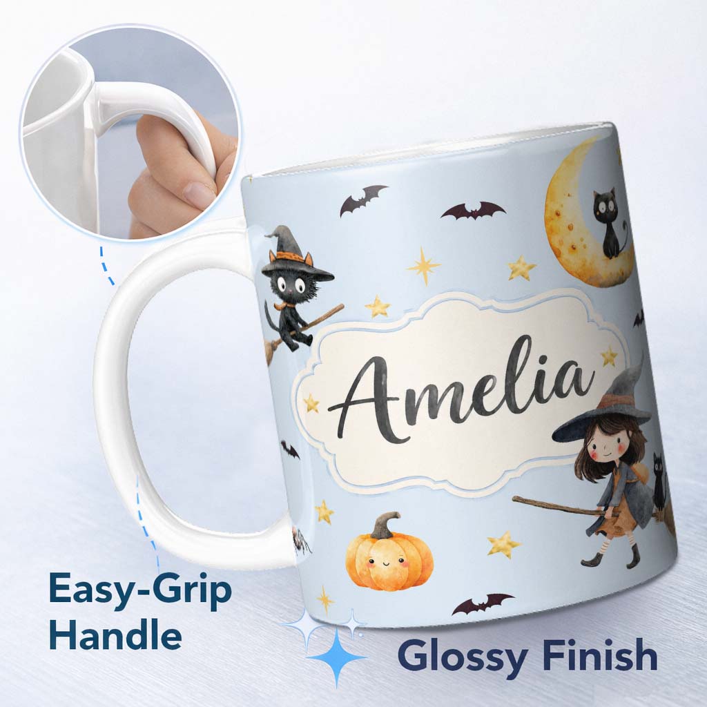 Personalized Custom Name Cute Halloween Witch Girl with Black Cats Moon and Stars Seamless 11oz Ceramic Coffee Tea Mug White Large Handle
