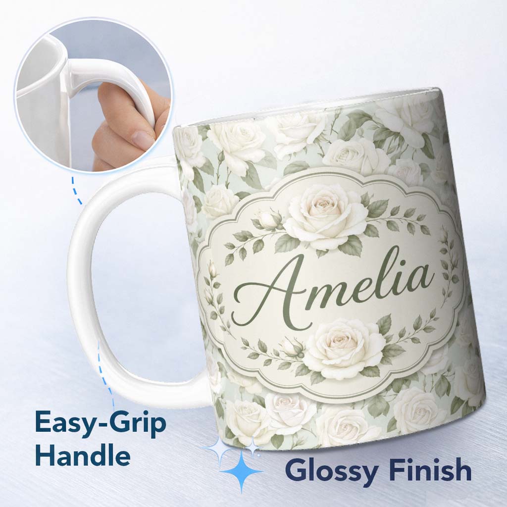 Personalized Custom Name Elegant White Roses Vintage Floral Seamless Pattern Cute Unique Gift 11oz Ceramic Coffee Tea Mug White Large Handle