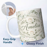Personalized Custom Name Elegant White Roses Vintage Floral Seamless Pattern Cute Unique Gift 11oz Ceramic Coffee Tea Mug White Large Handle