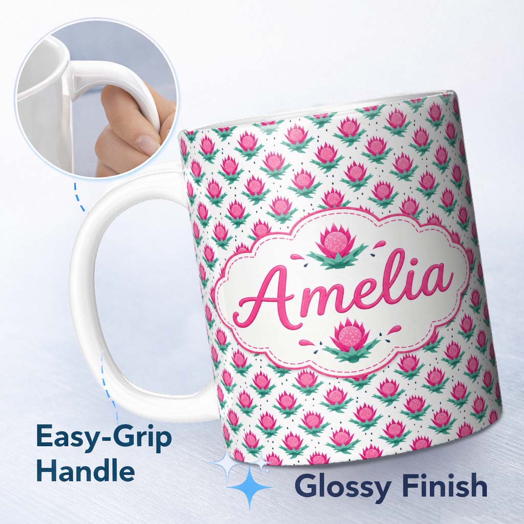 Personalized Custom Name Stylised Pink Floral Bud Pattern with Green Leaves on Light Lovely 11oz Ceramic Coffee Tea Mug White Large Handle