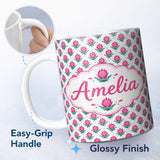 Personalized Custom Name Stylised Pink Floral Bud Pattern with Green Leaves on Light Lovely 11oz Ceramic Coffee Tea Mug White Large Handle