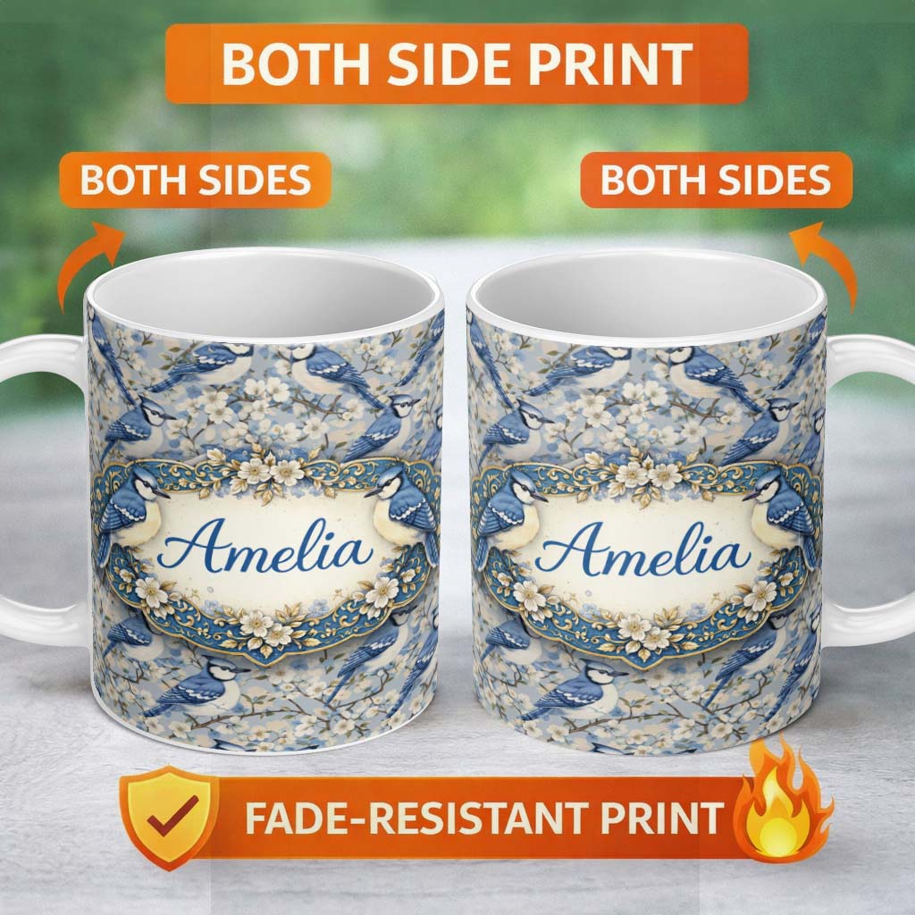 Personalized Custom Name Blue Jay Bird Blossom Floral Seamless Pattern Soft Vintage Botanical 11oz Ceramic Coffee Tea Mug White Large Handle
