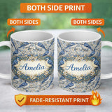 Personalized Custom Name Blue Jay Bird Blossom Floral Seamless Pattern Soft Vintage Botanical 11oz Ceramic Coffee Tea Mug White Large Handle