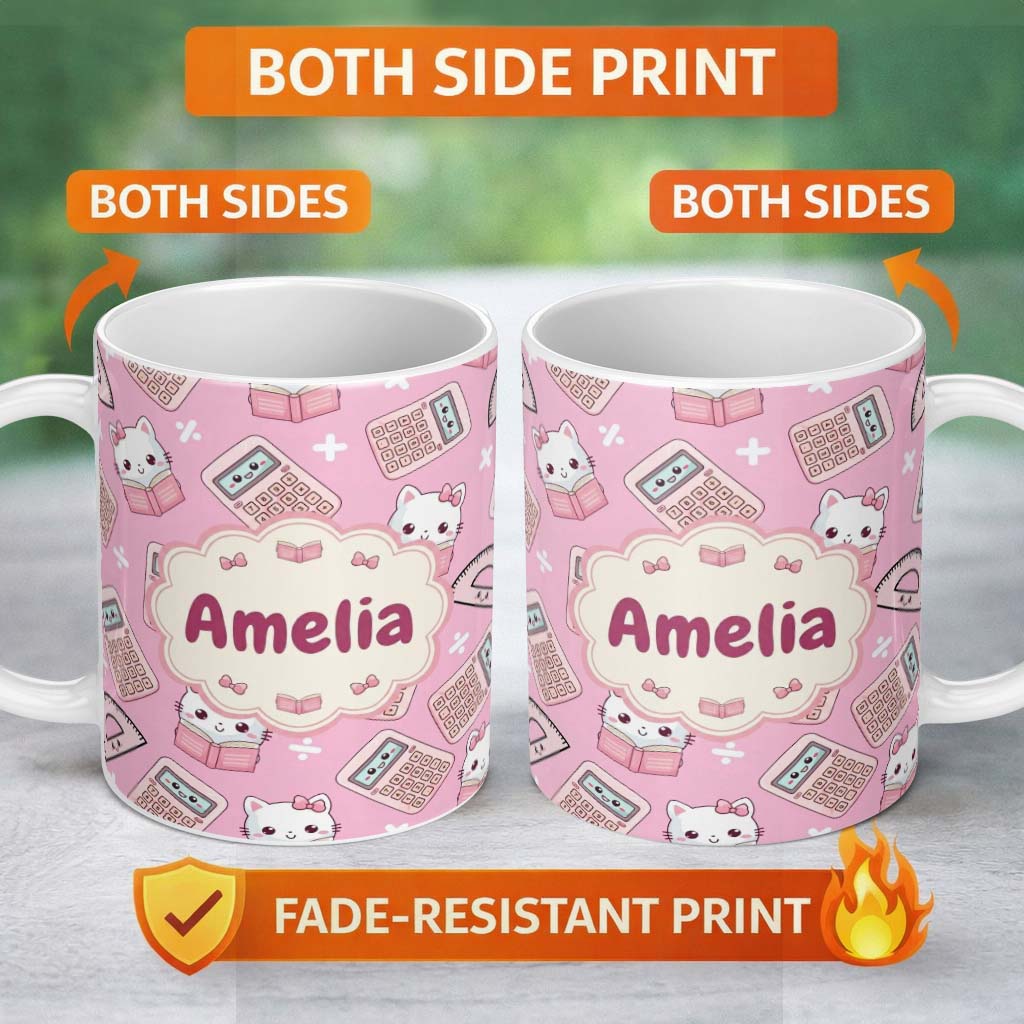 Personalized Custom Name Cute Kawaii Maths Cat Calculator Ruler Seamless Pattern Pink Lovely 11oz Ceramic Coffee Tea Mug White Large Handle