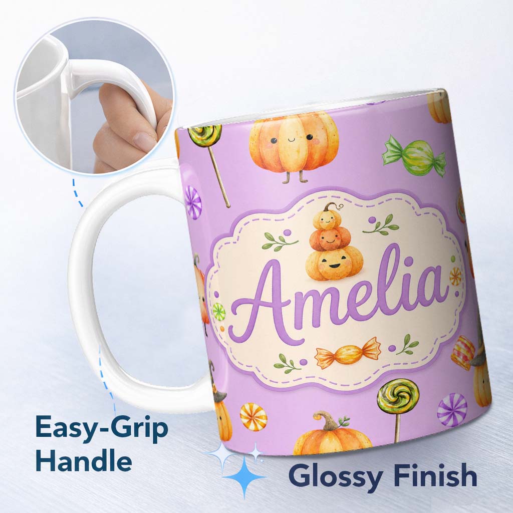 Personalized Custom Name Cute Halloween Pumpkin Candy Characters Purple Background Seamless 11oz Ceramic Coffee Tea Mug White Large Handle