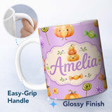 Personalized Custom Name Cute Halloween Pumpkin Candy Characters Purple Background Seamless 11oz Ceramic Coffee Tea Mug White Large Handle