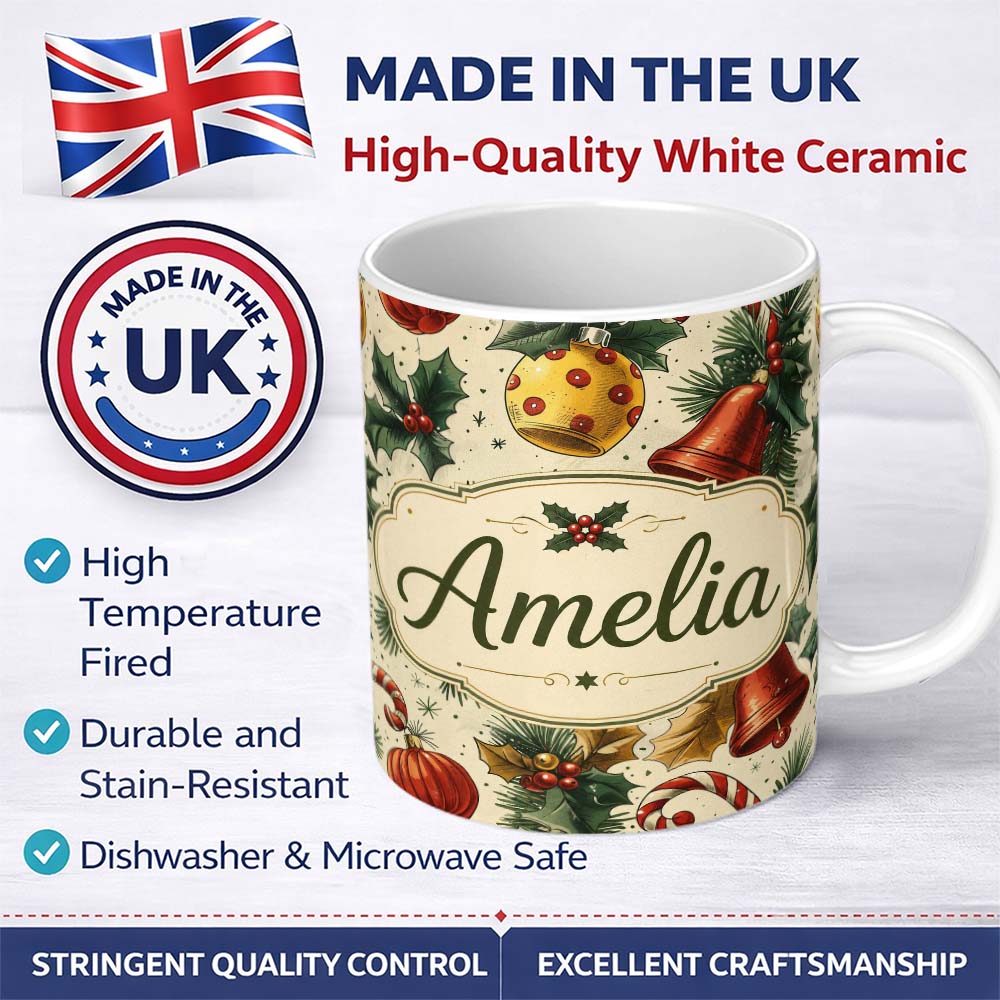 Personalized Custom Name Vintage Christmas Holly Bell Ornament Botanical Seamless Pattern 11oz Ceramic Coffee Tea Mug White Large Handle