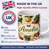 Personalized Custom Name Vintage Christmas Holly Bell Ornament Botanical Seamless Pattern 11oz Ceramic Coffee Tea Mug White Large Handle