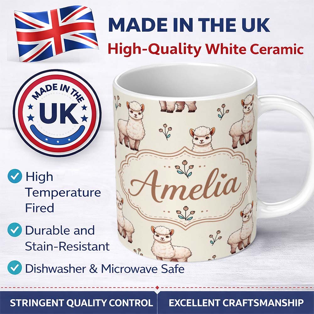 Personalized Custom Name Cute Alpaca Llama Pattern with Floral Sprigs on Cream Background 11oz Ceramic Coffee Tea Mug White Large Handle
