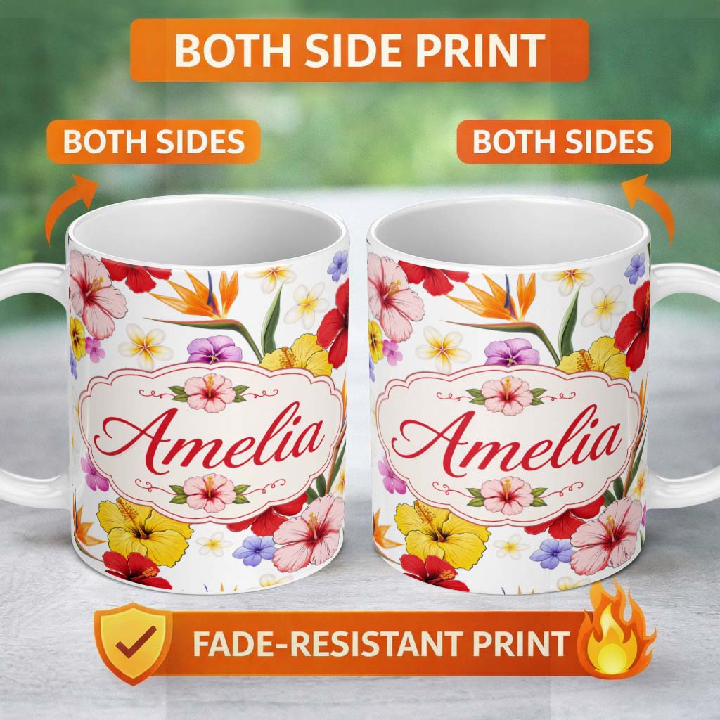 Personalized Custom Name Tropical Hibiscus Bird of Paradise Seamless Pattern White Background 11oz Ceramic Coffee Tea Mug White Large Handle