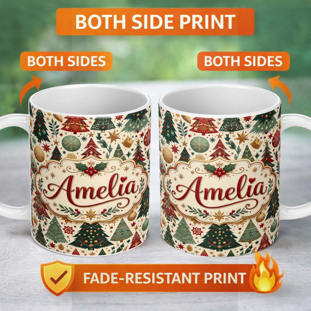 Personalized Custom Name Decorative Christmas Tree Ornament Star Holiday Seamless Pattern 11oz Ceramic Coffee Tea Mug White Large Handle