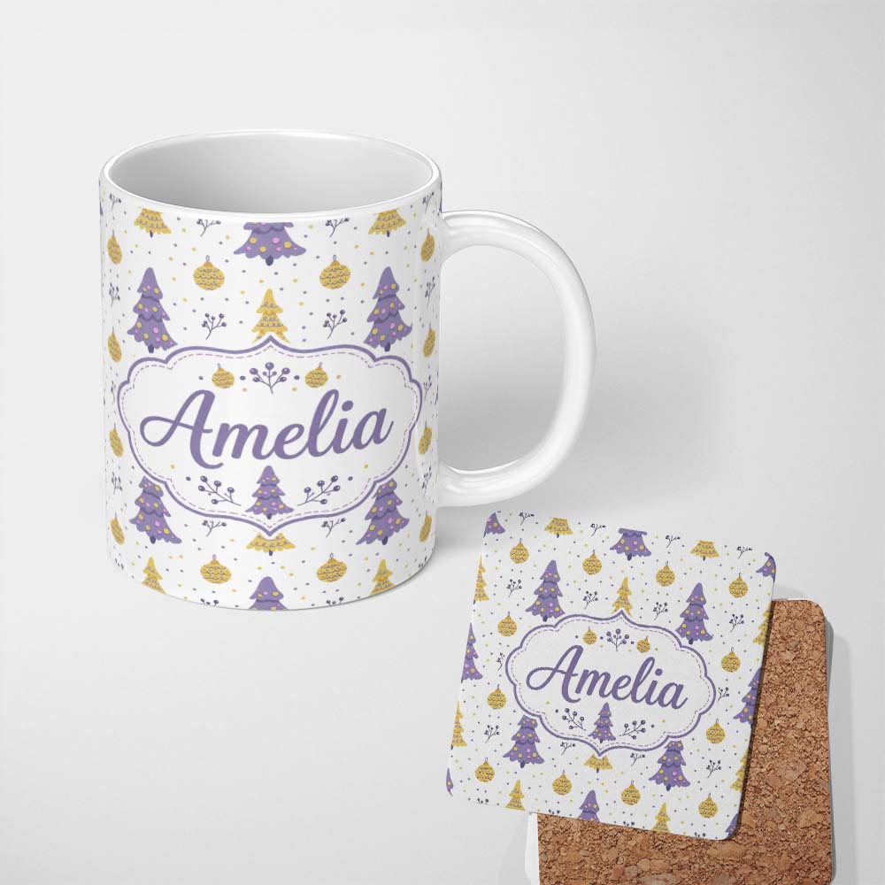 Personalized Custom Name Pastel Christmas Trees Ornaments Soft Purple Yellow Seamless Pattern 11oz Ceramic Coffee Tea Mug White Large Handle