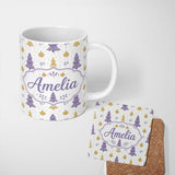 Personalized Custom Name Pastel Christmas Trees Ornaments Soft Purple Yellow Seamless Pattern 11oz Ceramic Coffee Tea Mug White Large Handle
