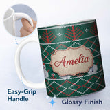 Personalized Custom Name Cute Green Nordic Llama Alpaca Winter Christmas Knitted Seamless 11oz Ceramic Coffee Tea Mug White Large Handle