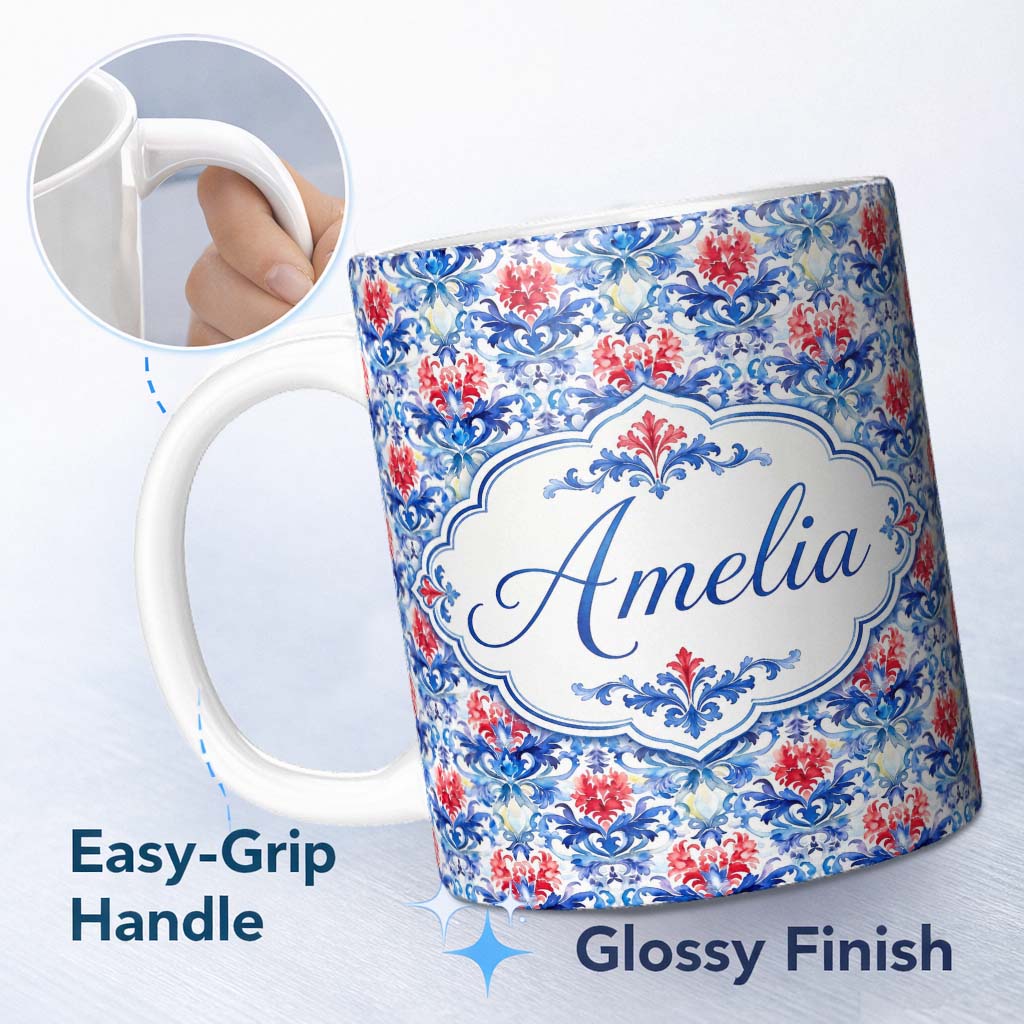 Personalized Custom Name Elegant Blue and Red Watercolor Floral Damask Seamless Pattern 11oz Ceramic Coffee Tea Mug White Large Handle