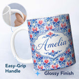 Personalized Custom Name Elegant Blue and Red Watercolor Floral Damask Seamless Pattern 11oz Ceramic Coffee Tea Mug White Large Handle