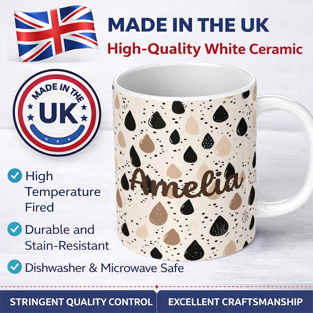Personalized Custom Name Scattered Paint Droplets Black Beige Abstract Spot Pattern Lovely 11oz Ceramic Coffee Tea Mug White Large Handle
