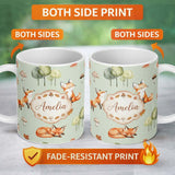 Personalized Custom Name Watercolor Woodland Fox Mushroom Autumn on Sage Green Background 11oz Ceramic Coffee Tea Mug White Large Handle
