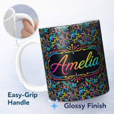 Personalized Custom Name Neon Circuit Board Lines Abstract Technology Pattern on Dark Lovely 11oz Ceramic Coffee Tea Mug White Large Handle