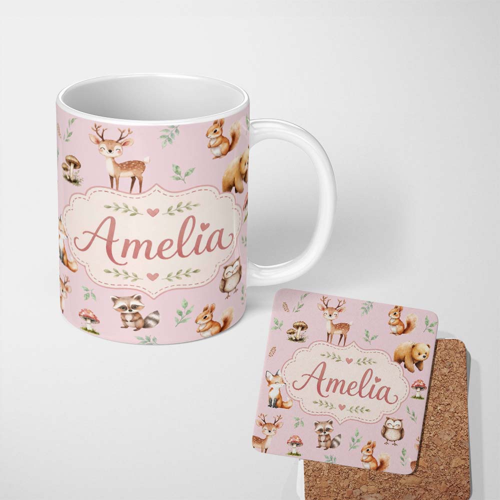 Personalized Custom Name Woodland Deer Bear Fox Owl Raccoon Leaves Mushrooms Soft Pink 11oz Ceramic Coffee Tea Mug White Large Handle