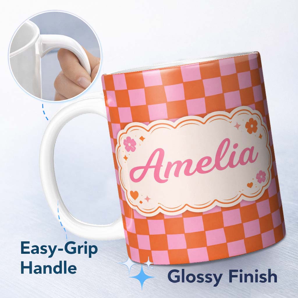 Personalized Custom Name Abstract Pink Orange Checkerboard Pattern Modern Geometric Seamless 11oz Ceramic Coffee Tea Mug White Large Handle