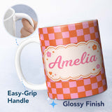 Personalized Custom Name Abstract Pink Orange Checkerboard Pattern Modern Geometric Seamless 11oz Ceramic Coffee Tea Mug White Large Handle
