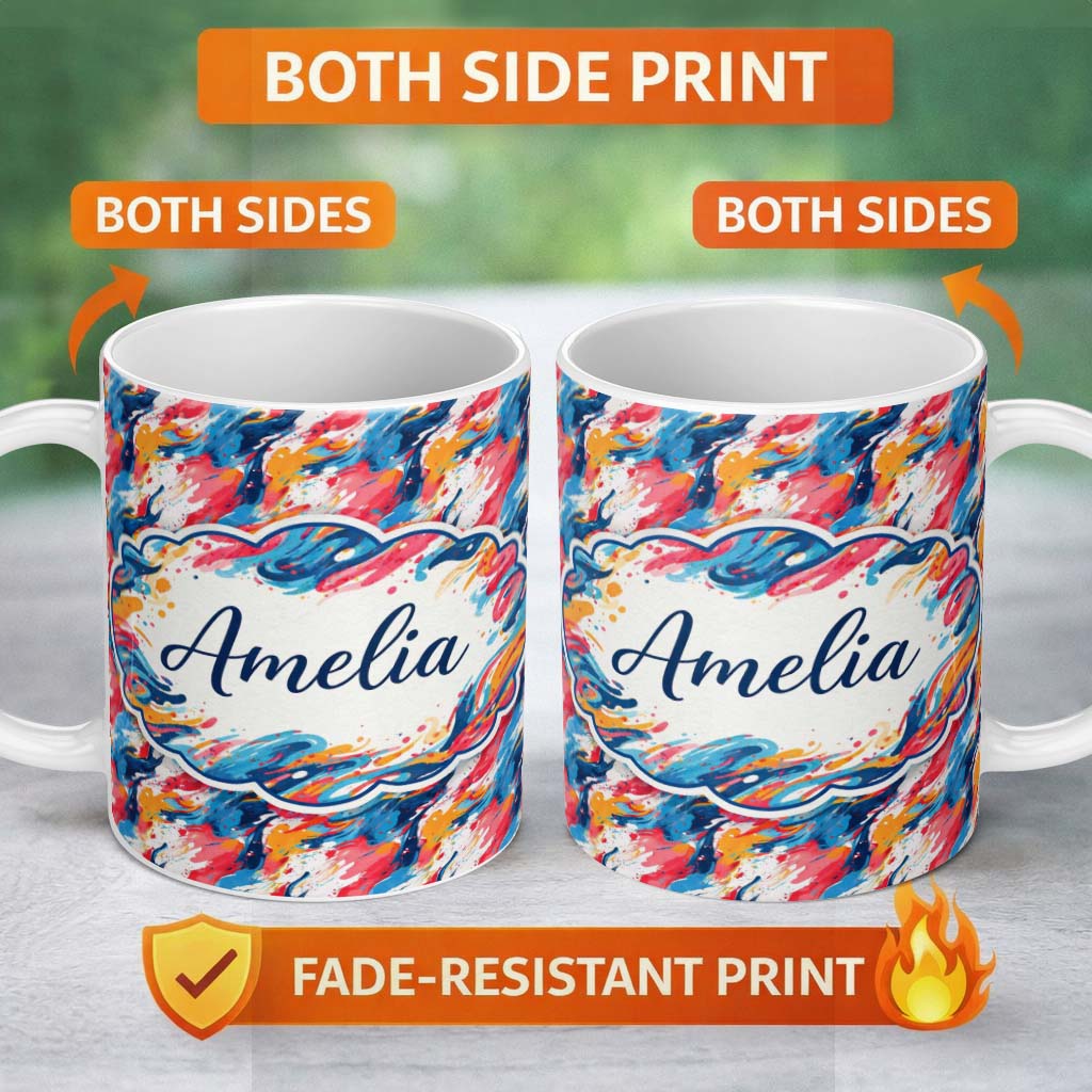 Personalized Custom Name Modern Fluid Marble Teal Red Cream Abstract Pattern Cute Unique Gift 11oz Ceramic Coffee Tea Mug White Large Handle