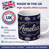 Personalized Custom Name Cute Blue Nordic Christmas Bauble Gift Knitted Seamless Pattern 11oz Ceramic Coffee Tea Mug White Large Handle