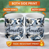 Personalized Custom Name Blue Grey Urban Camouflage Seamless Pattern Thoughtful Gift Idea 11oz Ceramic Coffee Tea Mug White Large Handle