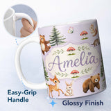 Personalized Custom Name Forest Animals Bear Bunny Squirrel Trees on Soft Lavender Seamless 11oz Ceramic Coffee Tea Mug White Large Handle