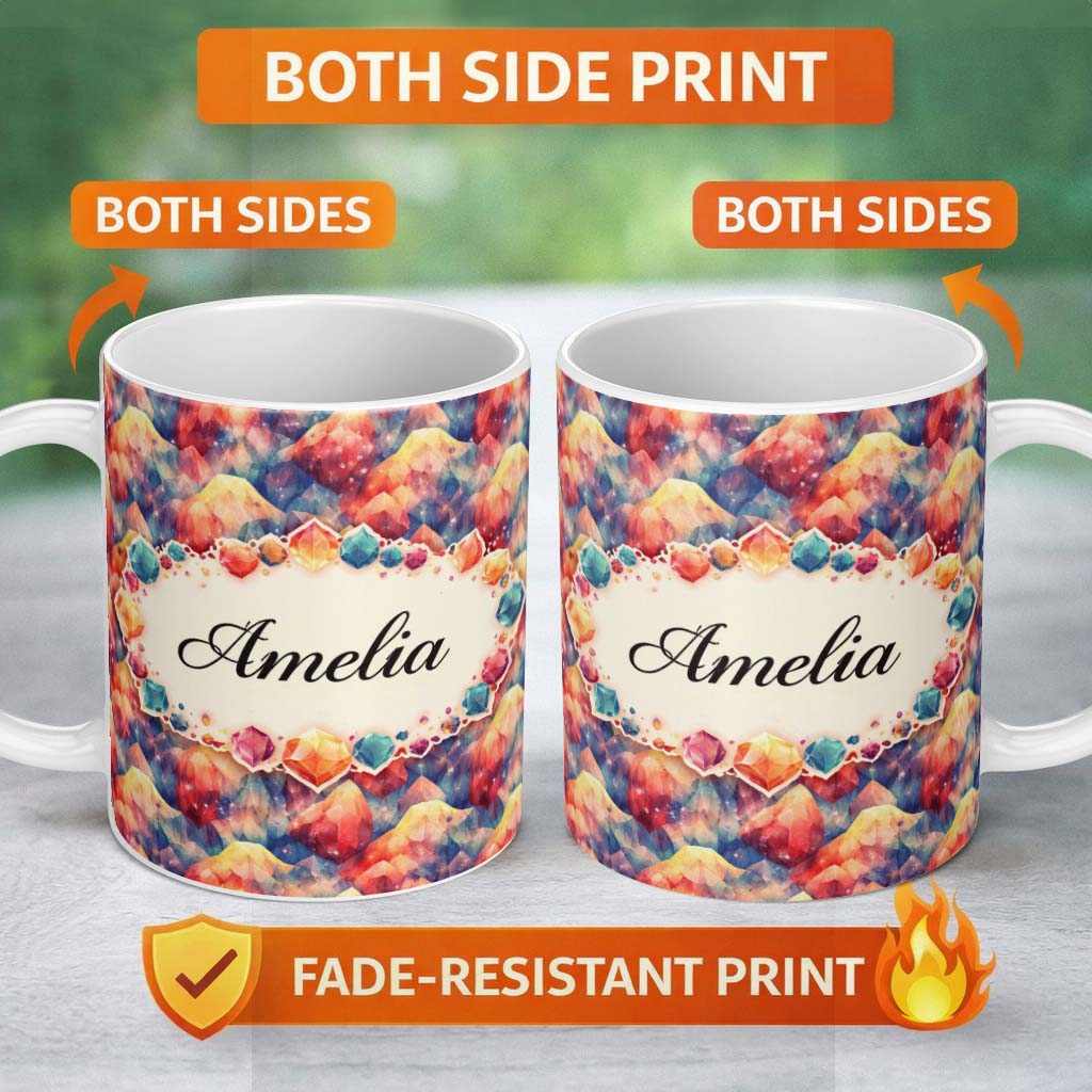 Personalized Custom Name Vibrant Abstract Crystal Brushstroke Seamless Pattern Lovely 11oz Ceramic Coffee Tea Mug White Large Handle
