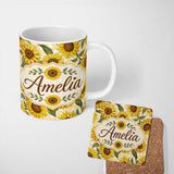 Personalized Custom Name Bright Yellow Sunflower Cream Abstract Background Seamless Pattern 11oz Ceramic Coffee Tea Mug White Large Handle