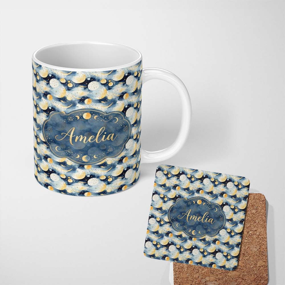 Personalized Custom Name Golden Moon and Celestial Watercolor Night Sky Seamless Pattern 11oz Ceramic Coffee Tea Mug White Large Handle