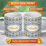 Personalized Custom Name Blue and Yellow Folk Art Floral Tile Seamless Pattern Lovely 11oz Ceramic Coffee Tea Mug White Large Handle